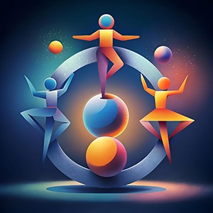 Abstract 3D icon depicting contemporary dancers balancing on a s